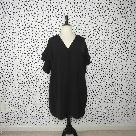 City Chic Black Double Frill Ruffle Sleeve V-Neck Tunic Dress - Picture 3 of 10